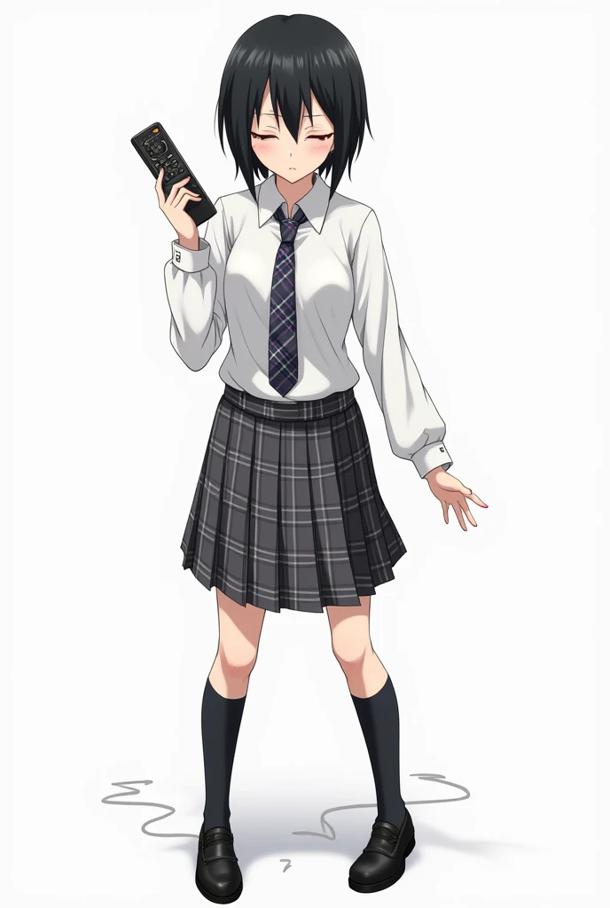 Teenage woman with black and short hair and with white anime watch and pink nails with schoolboy long-sleeved white shirt and plaid tie in dark gray and white and plaid pleated skirt in combination of dark gray and white colors, following a uniform pattern...