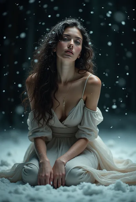 (photorealism:1.2), beautiful woman, sitting in snow fall wearing good cloth  long  hair, with black background 