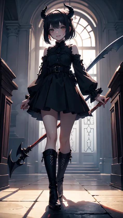 Shadowy Face　、 arms 、Watch viewers with a scary expression 、beautiful girl、とてもcute天使、 Pink Gothic Fashion 、cute、baby face、smile、 long skirt、 BLACK LONG BOOTS 、.(  best quality ,4K, high definition ,  Masterpiece :1.2),  very detailed ,Realistic:1.37, Spook...