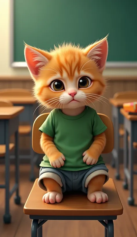 kitten has loose motions and has toilet stains on his shortsA golden cat kitten is sitting on a chair in a school classroom wearing a green t-shirt and shorts, a kitten has loose motions and has toilet stains on his shorts