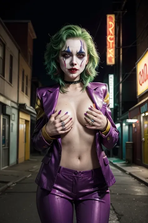 sagging breasts,big ass,Beauty, Cover your chest with your hands,Cover your chest with your hands,Lift your chest with your hands,Cross your arms and place your chest on your arms, A young woman dressed as the Joker from DC Comics, styled with a unique and...