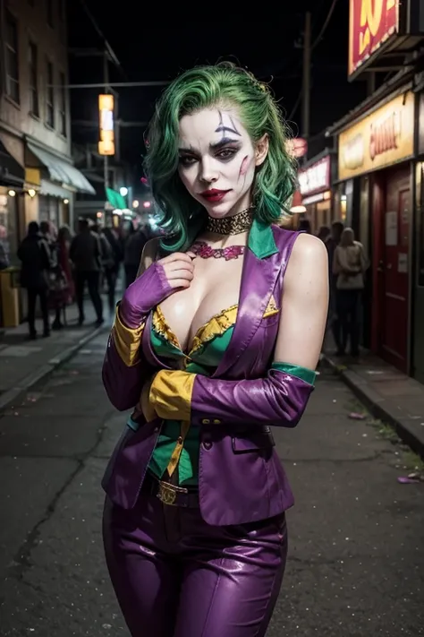 sagging breasts,big ass,Beauty, Cover your chest with your hands,Cover your chest with your hands,Lift your chest with your hands,Cross your arms and place your chest on your arms, A young woman dressed as the Joker from DC Comics, styled with a unique and...