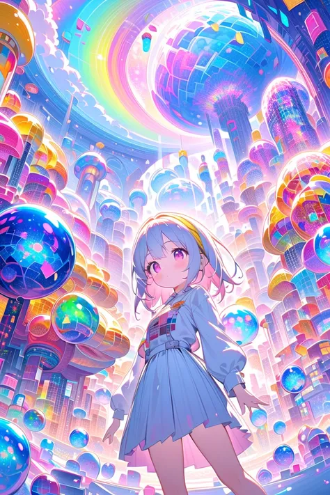  A girl in a room filled with many white cubes , digital rendering ,John Coffelt,Tumbler,Cubo-Futurism,Rainbow colored fractal,Cyber Mushroom City,Floating Crystals,Infinite Quantum Waves, Yellow Hairband ,Seraphim, Long Sleeve , pleated skirt, A young gir...