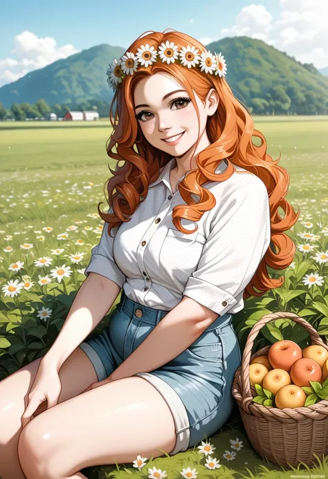 (plump effect girl:1.2),solo, (ginger curly long hair:1.1), brown eyes, wreath of daisies on her head, sitting in a field of daisies, smile, (fruit basket:1.1), canvas shorts, linen shirt, RAW photo, full sharp, (FullHD epic wallpaper) 8k uhd, dslr, soft l...