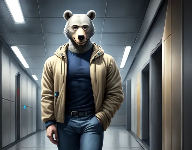 (photorealism:1.2), riz from beastars, antropomorphic male light grey bear, light grey fur, grey claws, brown eyes, eyebrows, bear eyes, exaggeratedly robust wide muscular body, massively wide muscular body, beige parka, dark blue shirt, jeans, looking to ...