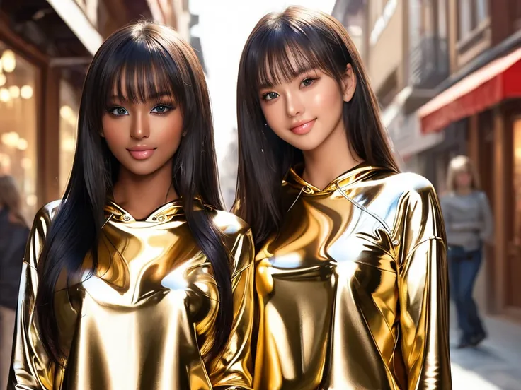 2 dark-skinned girls ,  masterpiece, Lens reflection, Reflected light, in extremely tight shiny golden latex sweatshirt,  high resolution , Make-up,  seductive smile , Are outside and walking around town, Bangs, Breasts, very long hair ,  blue eyes ,