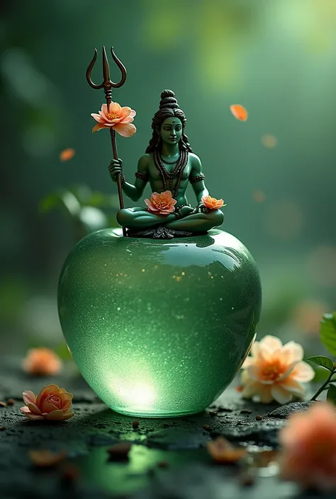 A close-up portrait of an enchanting glass apple surrounded by a mahadev sitting on apple hamadev hand trident and flowers, with a dark green and light silver color palette, set against a multicolored bokeh blurred background, reminiscent of glass sculptur...