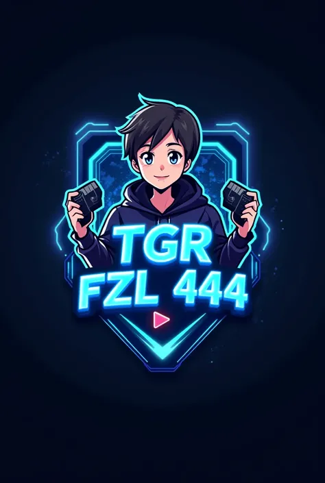 This is gaming logo that features the name TGR FZL 444 in a futuristic front and neon blue colour and boy anime avtar, The logo also has  a stylized controller icon and a YouTube paly button in the background . The logo is designed to be attractive and eye...