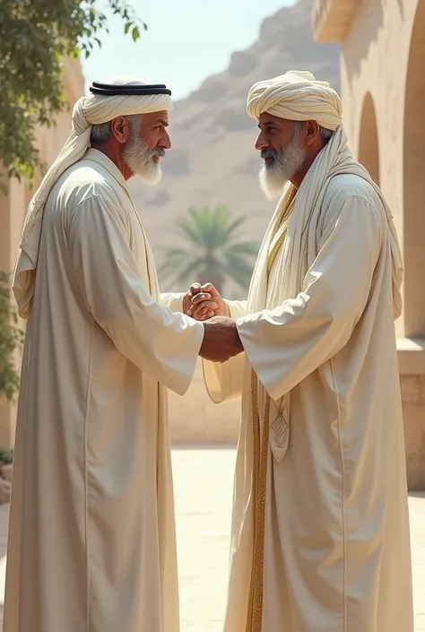 Make two men in white turbans in white robes shaking hands 