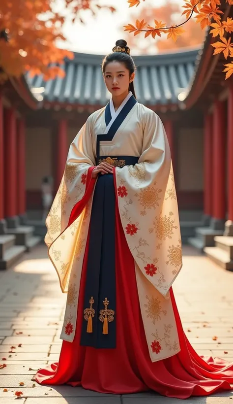 A young Korean prince stands gracefully in the courtyard of a grand palace surrounded by autumn foliage. He wears a luxurious Hanbok-inspired outfit, featuring a silk robe with wide sleeves adorned with intricate floral embroidery in gold and red hues. The...