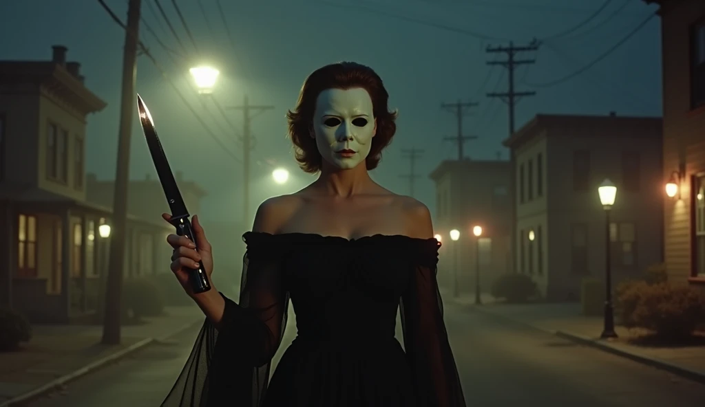 dvd screengrab from 1950s Super Panavision 70,  Female Michael Myers character from Halloween, Stunning tall woman, Holding a shiny kitchen knife in her right hand that reflects the moonlight, She is wearing an elegant black off-the-shoulder dress that hig...