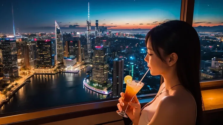 A woman is drinking a cocktail while watching a beautiful night view