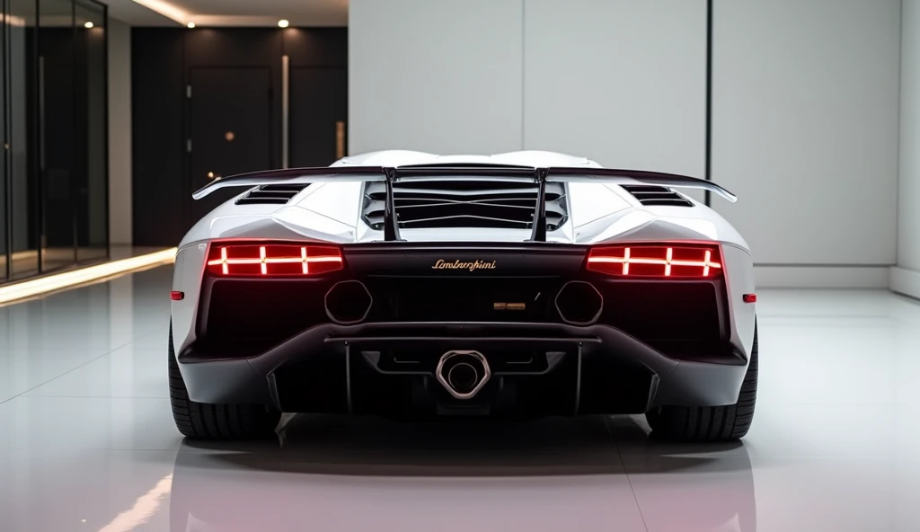 Imagine a random backside view of the 2022 Lamborghini Countach LPI 800-4 in a sleek, modern luxury car showroom. The car is finished in pearl white, and its LED taillights are illuminated, casting a sharp and futuristic glow that accentuates the aggressiv...