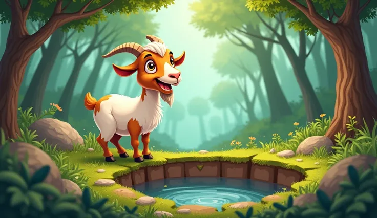  a cartoon goat (white and brown haired) standing near  a  deep well ,with no water dry  ( horizontal ) in a forest  and 