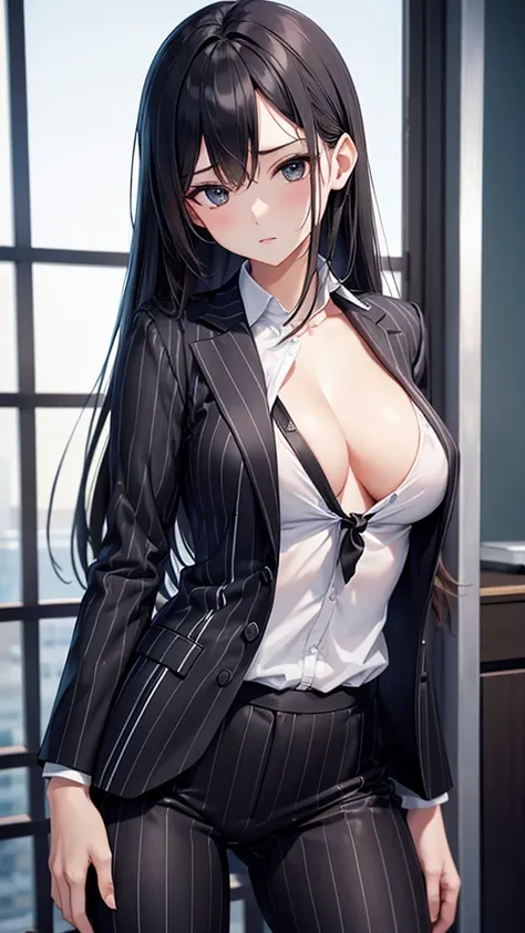 sexy woman in black striped suit　Im about to take off my suit and be completely naked　 ties　 ahe face　　High image quality　 high definition 