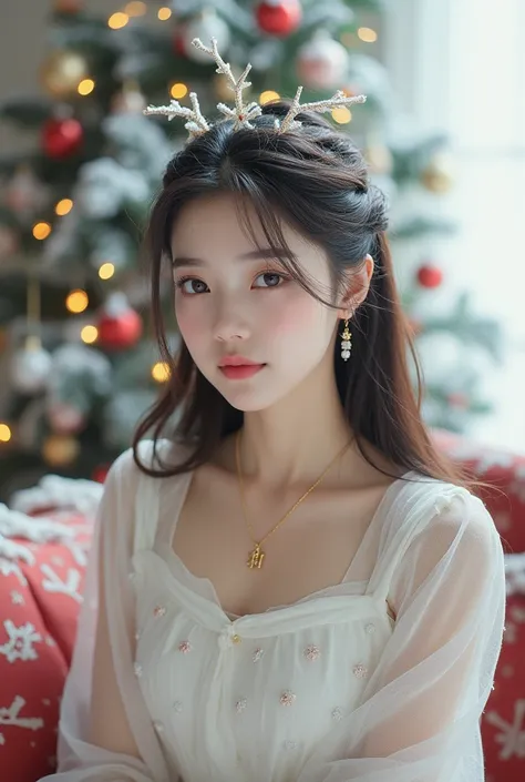 photorealism: 1.2), beautiful  girl, girl young Korean , sitting in the living room, snowy atmosphere snow, beautiful eyes, beautiful thick eyebrows, small sharp nose, sweet pink lips, wearing a Christmas dress white with a snow design,wearing a Christmas ...