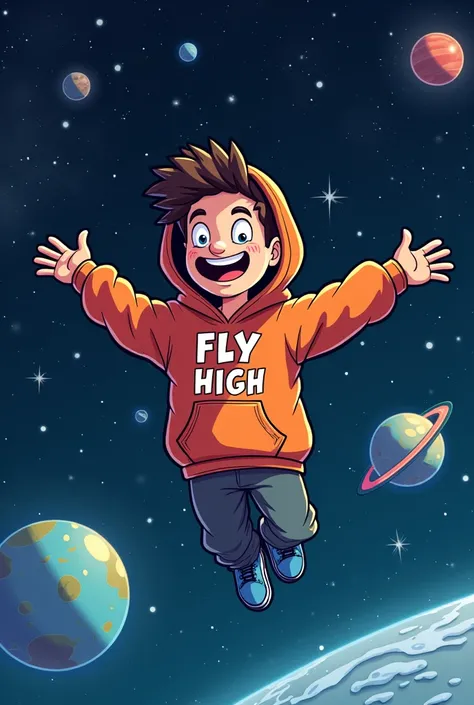 Cartoon funny style man in the hoodie flying into space with text Fly High can you put tekst Fly High on that image hoodie in his head 
