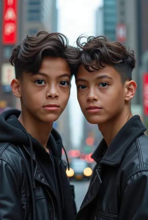 Two brothers close up photo with very detailed faces facing the camera with very cool expressions in the middle of the city with highschool bachelorate cellebration