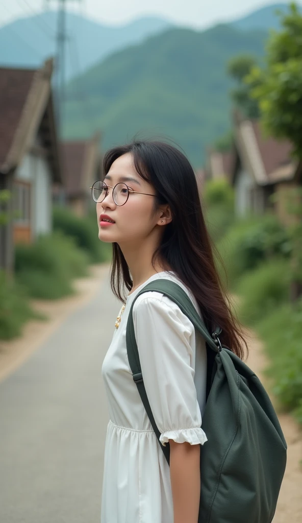 Close-up of a 20-year-old Vietnamese girl, wearing a white dress, long hair, glasses, backpack, looking around, walking on a small village road