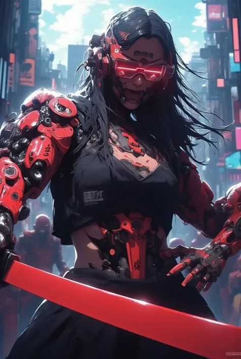 an close up battle sceen from woman with long hair and wearing digital red glasses and black croped top kimono with cyberweres and armors, she fights against several robots in 3D motion perspective view, she is in rage and anger and shouts, She is holding ...