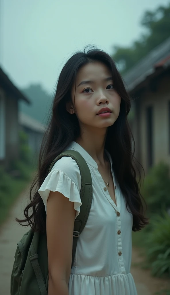 Close-up of a 20-year-old Vietnamese girl, wearing a white dress, long hair, glasses, backpack, looking around, walking on a small village road, the scene is dusk, gloomy, the background is blurry