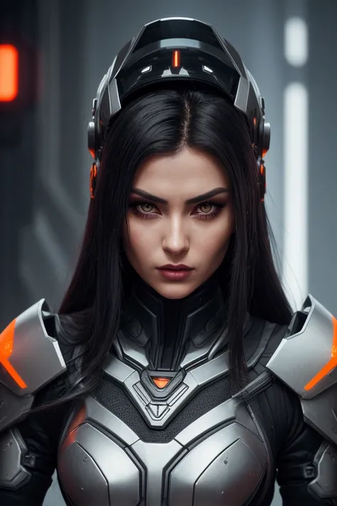 A cyberpunk-style portrait of a beautiful woman with dark hair, wearing a futuristic silver and gray helmet and armor.  The helmet is intricately detailed with glowing orange accents.  Her expression is serious and intense. The overall aesthetic is dark, s...