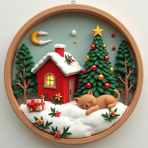 3D computer embroidery art artwork,  A Christmas landscape embroidered in a simple circular wooden frame ,  There is a Christmas tree in the house and a sleeping cat is depicted with delicate embroidery,  with a sticker with “AJAJASU” written on the gift b...