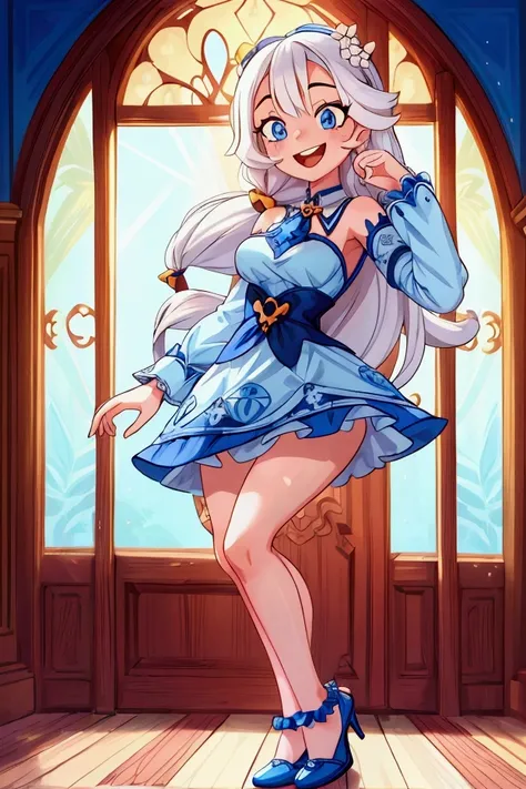 (Masterpiece, best quality), 1 girl, white semi long hair, blue eyes, standing indoors with intricate details and sunlight, blue frilled dress with short neckline, red details, black heels, sexy pose, crazy smile, crazy laugh showing teeth, crazy girl, bea...