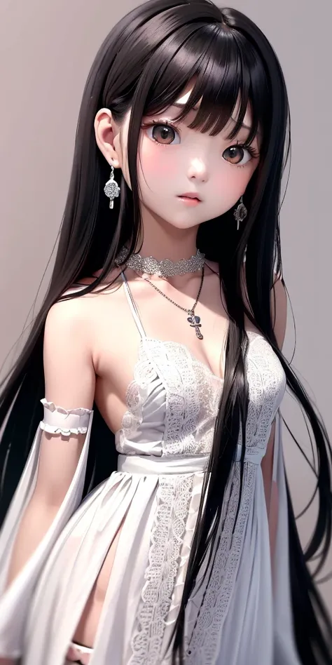 Top quality masterpiece illustrations、 a girl 、 dark eyed hair 、Wearing multiple necklaces、Wearing earrings、A  in a black and white dress looks up 、 Its fair to look up and have a cute, elegant face and hair in a vertical position with long hair at the bot...