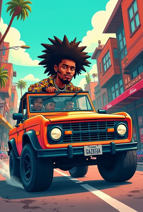 a cartoon style of a black rapper riding a ford bronco