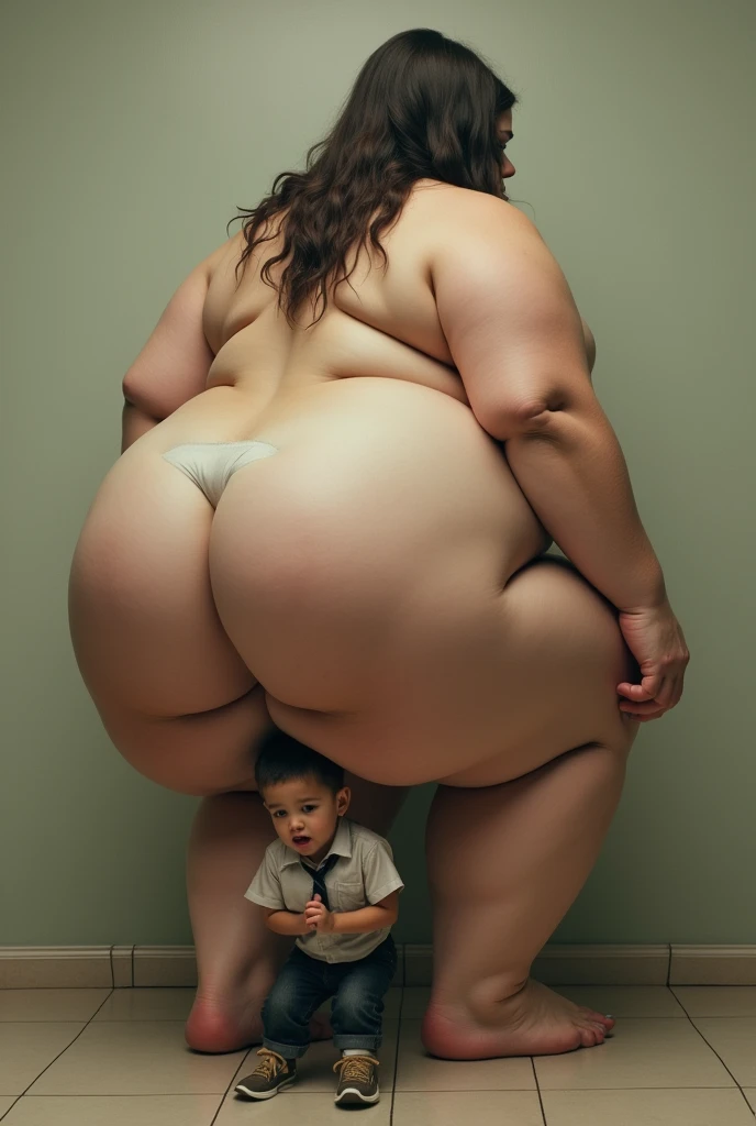 A woman with a very big butt sits on the face of a small schoolboy