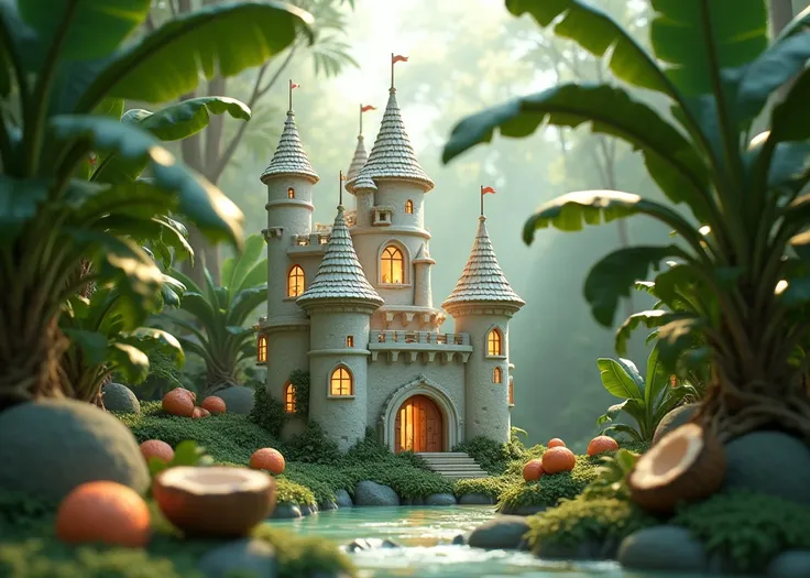  high quality 3d rendering 、Deep in the tropical jungle、Cinderella Castle where little people live、Banana Tree、Coconut、Light leaks through the window、White smoke from the chimney 、A stream flows、