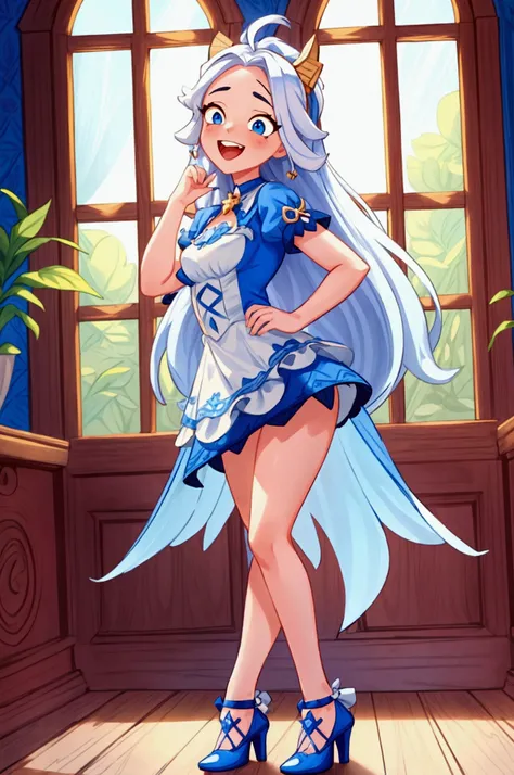 (Masterpiece, best quality), 1 girl, white semi long hair, blue eyes, standing indoors with intricate details and sunlight, blue frilled dress with short neckline, red details, black heels, sexy pose, crazy smile, crazy laugh showing teeth, crazy girl, bea...