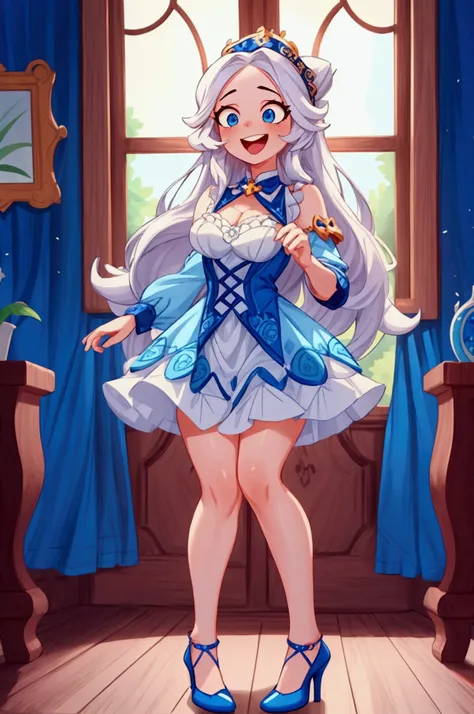 (Masterpiece, best quality), 1 girl, white semi long hair, blue eyes, standing indoors with intricate details and sunlight, blue frilled dress with short neckline, red details, black heels, sexy pose, crazy smile, crazy laugh showing teeth, crazy girl, bea...