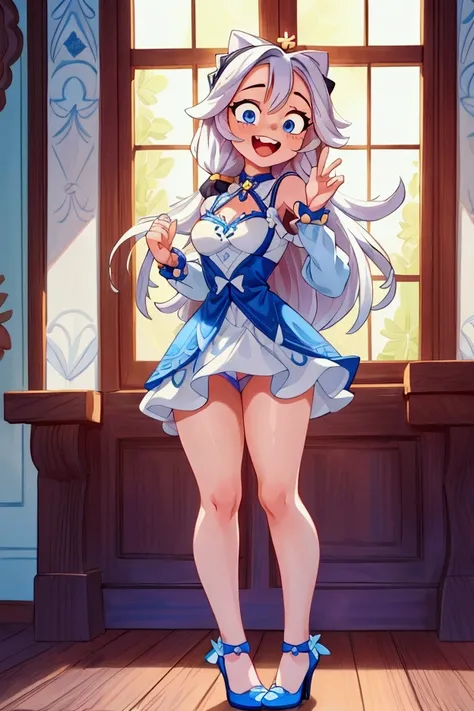 (Masterpiece, best quality), 1 girl, white semi long hair, blue eyes, standing indoors with intricate details and sunlight, blue frilled dress with short neckline, red details, black heels, sexy pose, crazy smile, crazy laugh showing teeth, crazy girl, bea...