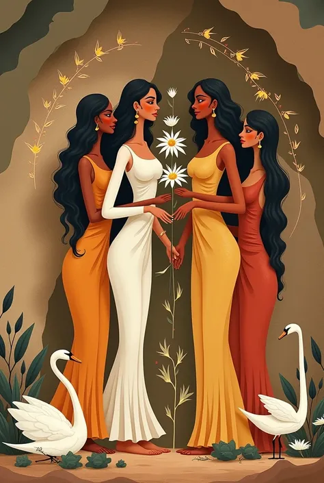 "A serene depiction of Sri Lankan cave art, featuring stylized, flat figures with flowing curves and organic lines. The artwork is rendered in earthy tones like ochre, red, yellow, black, and white, using natural pigments. Graceful celestial maidens and sy...