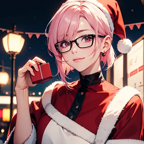   Losing neck decoration 、 short hair、Sharp Face 、smile、 Black hair with pink mesh 、  Adult woman with red cheeks 、  short hair、Glasses、  Im wearing Santa Claus clothes 、   There is a Christmas tree in the background   、  has a gift box 、Make your eyes bro...