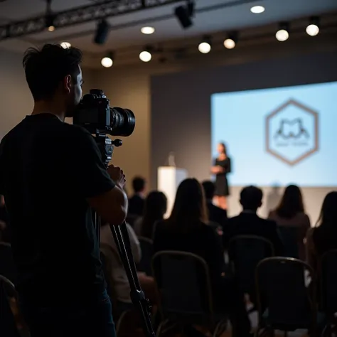 A natural, semi-candid shot of a minimalist video crew documenting the launch of a premium product in a modern event space. The videographer uses a Sony A7S III camera on a tripod to focus on an Indonesian woman in her 30s, presenting the product on stage ...