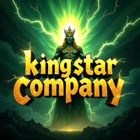 Cool graffiti in electric gold color inscribed kingstarcompany  ,  green galaxy lightning background depicting god wearing crown emitting electricity 