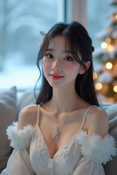 photorealism: 1.2), beautiful  girl, girl Korean , sitting in the living room, snowy atmosphere snow, beautiful eyes, beautiful thick eyebrows, small sharp nose, sweet pink lips, wearing a Christmas dress white with a snow design,wearing a Christmas decora...