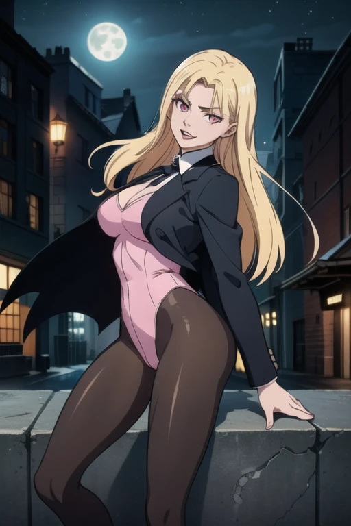 Selene, ftselenecas, long hair, blonde hair, pink eyes, mature female, large breasts, (One Person), (Masterpiece, Best Quality), (A Gorgeous 25 Years Old British Female Vampire Mercenary), (Pale Skin with Hidden Fangs), (Wearing an elegant leotard, tailcoa...