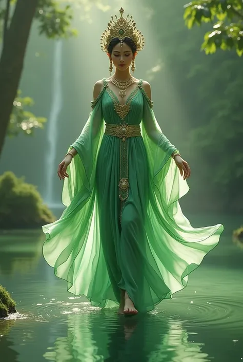  Dewi Ratu ul beautiful shapawan traditional Javanese dress of all-green color walks on the water, her beautiful face exudes a very charming aura 