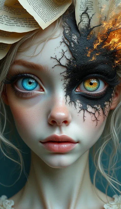 CynthiaPortrait,  A close-up of a woman with porcelain-like skin, her delicate features cracking like fine china, revealing a chaotic swirl of colors and fractals beneath. Her eyes are mismatchedâone a vibrant, luminescent blue and the other blackened, s...