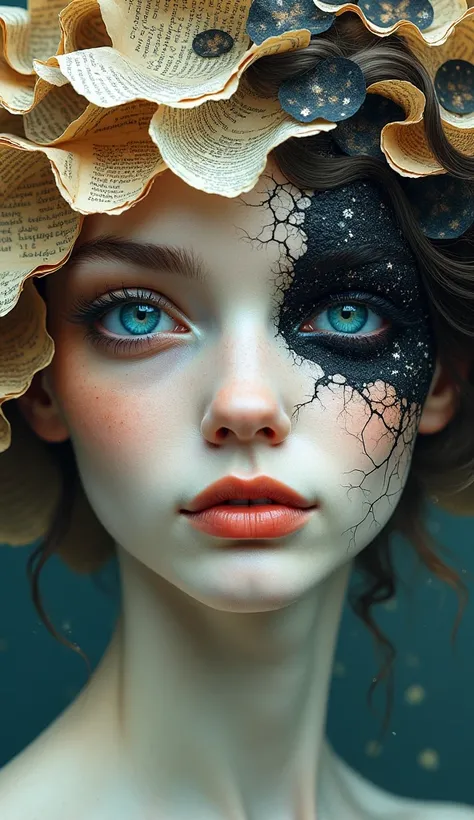 CynthiaPortrait,  A close-up of a woman with porcelain-like skin, her delicate features cracking like fine china, revealing a chaotic swirl of colors and fractals beneath. Her eyes are mismatchedâone a vibrant, luminescent blue and the other blackened, s...