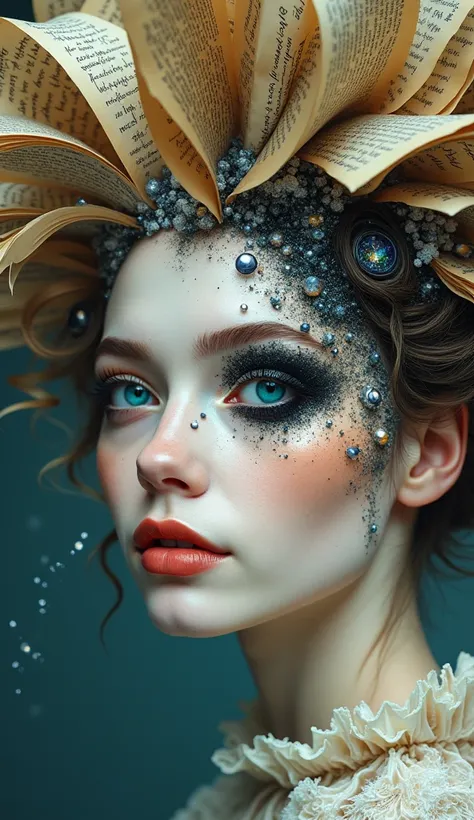 CynthiaPortrait,  A close-up of a woman with porcelain-like skin, her delicate features cracking like fine china, revealing a chaotic swirl of colors and fractals beneath. Her eyes are mismatchedâone a vibrant, luminescent blue and the other blackened, s...