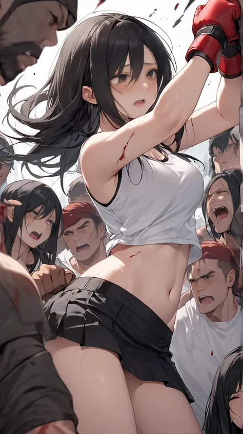  1 Tifa is punched with a fist by many men。Shes being attacked by a group of men 。Shes full of wounds 。She gets gang lynched by men。 she is in agony。Lots of men attack her 。Shes in critical condition 。She sweats 。Siege her 。 she has long black hair 。 she w...