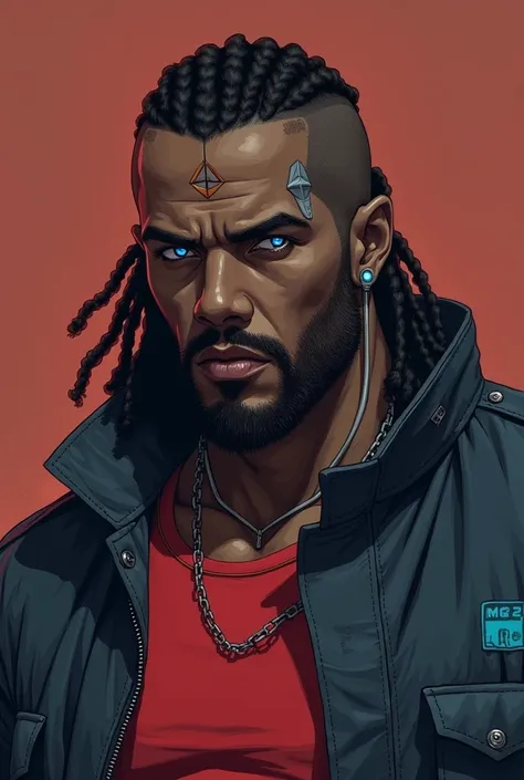 Heres a d
 A stylized portrait of a muscular, dark-skinned man with long dreadlocks. He has a shaved head with a futuristic, geometric design etched into his forehead.  His eyes are piercing blue, and he has cybernetic enhancements visible on his temples. ...