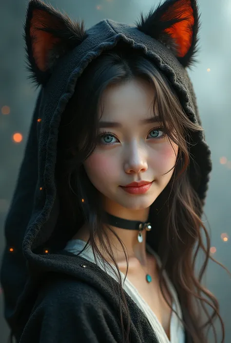 1woman, High Resolution, Smile, Masterpiece, long Hair, Medium Hair, Bob Cut, Low Ponytail, Cat Ears, Blue eyes, Red Eyes, Multiple Views, Animal Hood, Cinematic Lighting, Abstract, 360 View, 