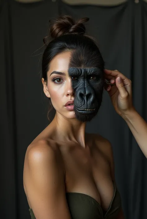 A beautiful latina woman naked low hairbun standing up straight without facial expression is undergoing the process of becoming a gorilla, Crews are attaching a full face prosthetic mask to the womans head to make it look like a gorilla., At the same time,...