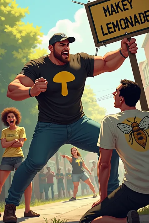 A guy bully wearing t-shirt with mushroom logo, breaking the signboard "LEMONADE", a lady wearing t-shirt with gold ingots pattern laughing and pointing at the broken signboard. A guy with a bee logo t-shirt crying and kneeling on the ground, asking them t...